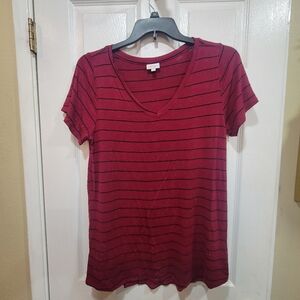 LuLaRoe Burgundy Striped V-Neck Tee, Size L